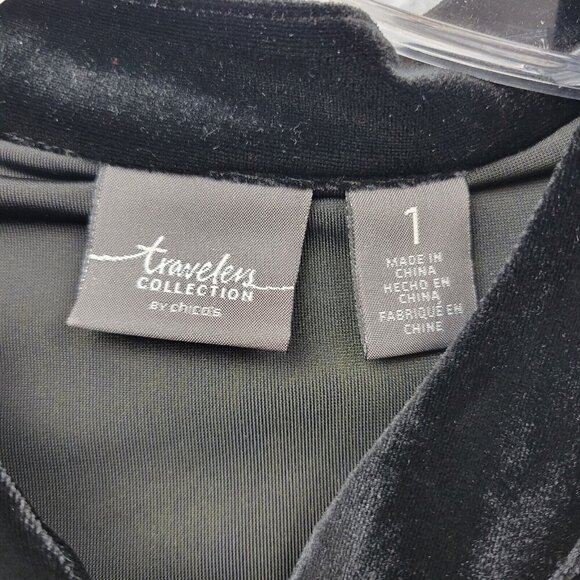 Chicos Travelers Womens Medium 1 Black Button-Front Tunic Velvet Jacket Stretch - Picture 2 of 11